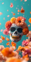 Mexican sugar skull decorated with orange and coral marigolds floating on turquoise background with falling petals, celebrating Day of the Dead cultural tradition.
