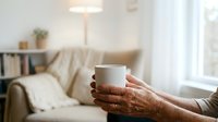 Senior woman with medium brown skin tone holding white mug in cozy living room with armchair, blanket, and natural light from window for home comfort and lifestyle concepts.
