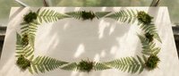 Natural fern leaves and moss arranged in decorative border frame on white fabric background for botanical design projects and organic crafting.