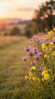 Purple and yellow wildflowers blooming in countryside meadow during golden hour sunset with soft bokeh background and warm natural lighting.