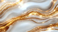 Luxurious white and gold abstract waves with glitter effect, flowing curves and shimmering sparkles on pearl background create elegant luxury design pattern.