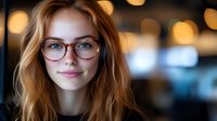 Young Caucasian woman with glasses and ginger hair smiling at camera. Shallow depth of field portrait with warm bokeh lights background creates cozy atmosphere.