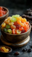 Colorful dried fruits in wooden bowl on dark background. Mix of candied citrus, raisins and berries. Natural healthy snacks and sweets for dessert.