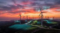 Wind turbines generating renewable energy with digital grid overlay and data analytics display at dramatic sunset sky over rolling landscape.