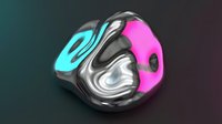 Neon glowing abstract sphere with liquid metal chrome surface, cyan and magenta colors on dark gradient background for modern design projects.