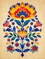 Vibrant folk art floral pattern with symmetrical arrangement featuring stylized blooms in yellow, red, and navy blue on aged paper background. Traditional ethnic motif design.