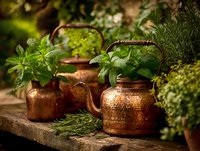 Copper teapots and pots with fresh herbs on rustic wooden surface for organic gardening and natural cooking concepts.