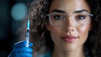 Young African American female medical professional wearing glasses and blue medical gloves holds vaccination syringe against dark background with bokeh lights.