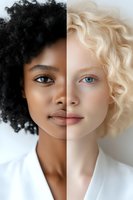 Creative portrait combining faces of African and Caucasian women with contrasting features, highlighting diversity and unity in modern beauty concept.