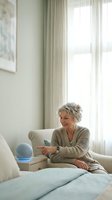 Senior Caucasian woman with gray hair smiling while using smart home device in bright modern bedroom with natural light streaming through curtains.