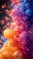 Vibrant abstract background with floating bubbles and colorful gradient from orange to purple, featuring bokeh effects and dreamy atmospheric elements.
