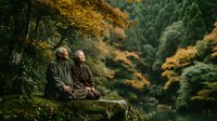 Two elderly Asian monks in brown robes sitting peacefully on moss-covered rock in vibrant autumn forest for meditation and spiritual wellness content.