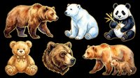 Isolated bear collection featuring brown bear, polar bear, panda, teddy bear, bear head, and mother bear with cub on transparent background. Ready for t-shirt design, clipart, stickers, print-on-demand products and sublimation projects.