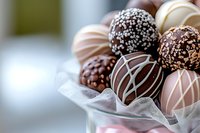 Gourmet chocolate truffles and cake pops with pearl and stripe toppings arranged in decorative tissue paper, perfect for bakery, confectionery, dessert, and food styling projects.