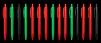 Ballpoint pens in red, green, and black colors isolated on transparent background, ready for clipart, t-shirt design, print-on-demand products, stickers, and sublimation projects.