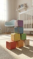 Colorful wooden building blocks stacked in pyramid shape on nursery floor with white crib and rocking chair in soft natural light background.