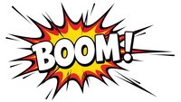 Comic book explosion burst with BOOM text in red yellow flames and radiating lines isolated on white background for graphic design projects.