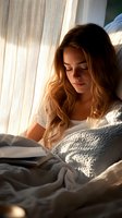 Young blonde woman reading book in bed with warm sunlight streaming through window curtains creating peaceful morning atmosphere for relaxation and leisure.