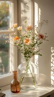 Delicate peach poppies and baby's breath arranged in glass vase on sunny windowsill with natural shadows and warm morning light creating cozy atmosphere.
