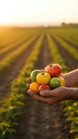 Farmer hands holding fresh colorful tomatoes at sunset in agricultural field with crop rows stretching into distance during golden hour harvest time.