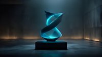 Futuristic glowing turquoise spiral sculpture on black pedestal in dark atmospheric room with dramatic lighting for modern design concepts.