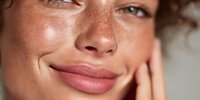 Young woman with freckles applying skincare cream to face, natural beauty routine, moisturizing facial treatment for healthy glowing skin care.