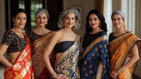 Diverse group of women wearing traditional Indian sari dresses in vibrant colors and patterns, standing together indoors with natural lighting and elegant poses.