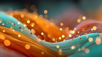 Abstract flowing waves with golden bokeh lights and warm orange teal gradient background for modern digital design and creative projects.