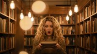 Young woman with curly blonde hair reading book in cozy library with warm lighting and wooden shelves filled with books for education and learning.