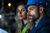 Two professional engineers in hard hats reviewing construction plans at industrial site during evening shift with safety equipment and protective gear.