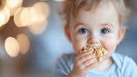 Adorable toddler with bright blue eyes eating cookie against blurred holiday lights background, capturing pure childhood joy and innocence in warm atmosphere.