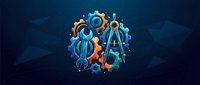 Colorful gears, wrench, and compass on dark blue polygonal background symbolizing engineering, technology, and mechanical design concepts.