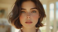 Young woman with short brown hair and natural makeup in warm sunlight closeup portrait showing glowing skin and soft pink blush for beauty and lifestyle content.