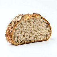Sliced artisan bread loaf with crispy crust and airy crumb structure, isolated on white background for bakery, food packaging and culinary design projects.