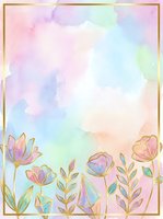 Pastel watercolor background with gold line art flowers and elegant frame, soft rainbow hues for wedding invitations, greeting cards, and prints.