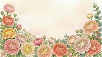Elegant ranunculus flowers frame with soft pastel blooms in pink, peach and cream tones, eucalyptus leaves on light background for wedding invitations.