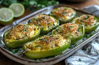 Stuffed green bell peppers with melted cheese and crispy breadcrumb topping on vintage serving platter, garnished with fresh lime slices and herbs.