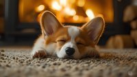 Adorable corgi puppy sleeping peacefully on carpet near warm fireplace. Cozy home interior with golden lighting creates relaxing atmosphere for pet rest.