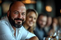 Smiling bald businessman with beard leading team meeting in modern office. Professional corporate leadership and collaboration concept for business success.