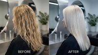 Hair transformation before and after blonde color correction treatment showing damaged curly hair becoming sleek straight platinum blonde in salon.
