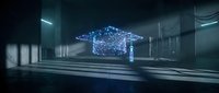 Futuristic digital house hologram with glowing blue network connections floating in modern dark interior space with dramatic lighting and geometric architecture.