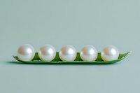 Five lustrous white pearls resting on a green leaf-shaped tray against a soft mint background, elegant jewelry concept.