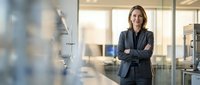 Confident businesswoman with crossed arms standing in modern office corridor with glass partitions and natural light from windows, professional workplace environment.