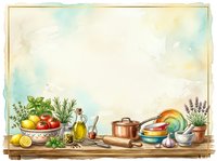 Watercolor kitchen background with herbs, vegetables, cookware and spices on wooden shelf, copy space for recipe cards or menu design.