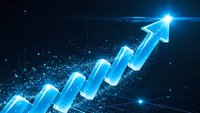 Glowing blue upward trending arrow with digital particles and light effects on dark background representing business growth and financial success.