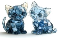 Crystal blue glass kittens with geometric faceted design sitting together, decorative figurines on white background, isolated art objects for collection display.