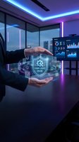 Businessman hands protecting holographic compliance hub shield with legal icons in modern office with purple neon lighting and data screens.