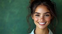 Young woman with natural makeup and messy bun hairstyle showing bright white smile against green background, radiating happiness and confidence in casual portrait.