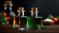 Glass bottles with aromatic oils and herbs on dark wooden table, selective focus on green liquid with fresh basil leaves and sea salt crystals in moody lighting.