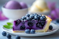 Slice of vibrant purple blueberry pie with fresh berries on top served on white plate. Creamy custard filling and golden crust create delicious dessert composition.